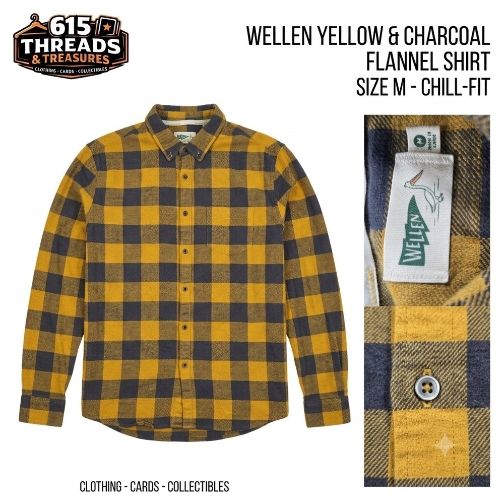 Wellen Mens Flannel Shirt Medium Chill Fit Yellow Charcoal Grey Buffalo Plaid